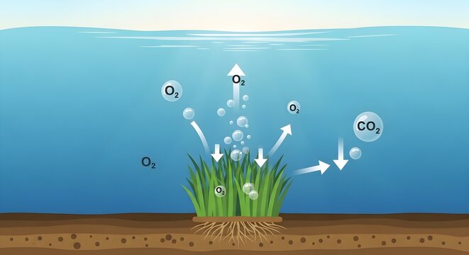 Underwater plant photosynthesis process with oxygen and carbon dioxide bubbles