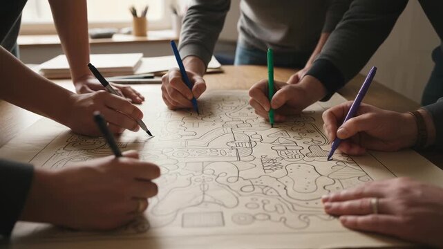 Coloring drawing mural collaborative teamwork adults hands markers group of people coloring abstract mural with markers collaborative creative