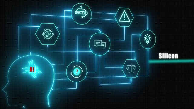 Futuristic silicon chip animation illustrating artificial intelligence ethics and neural networks integrated within a digital brain silhouette for modern technology.
