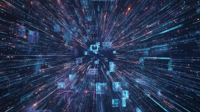 Futuristic data stream digital panel light streak network motion with multimedia tiles glowing lines converging toward vanishing point portal
