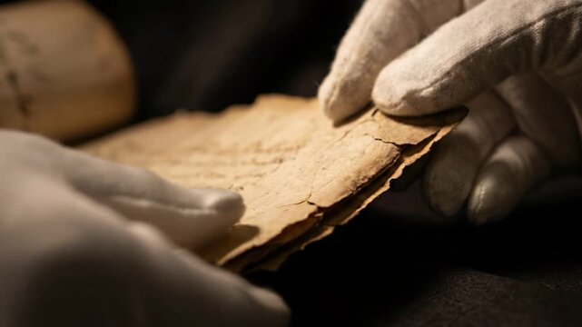 Close-up of archivist hands in white gloves handling an ancient manuscript. Historian preserving a fragile document with handwritten text. Historian's Day