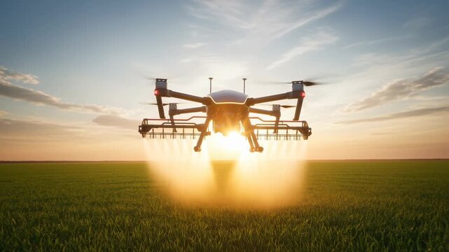 Autonomous agricultural drone sprayer spraying crop field sunrise and sunset with precision mist spreading over wide green wheat field, warm light