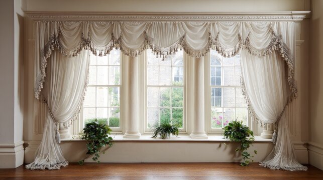 Ornate fabric window treatments frame a series of tall sash windows overlooking a lush exterior