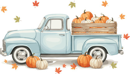 Watercolor vintage blue farm pickup truck carrying autumn pumpkins in wooden crate with scattered fall leaves, rustic harvest season graphic, Thanksgiving decoration, white background illustration. © its