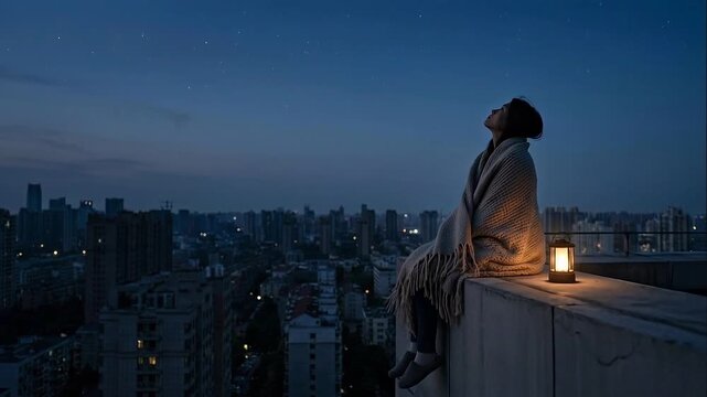 Woman sitting on rooftop edge at night wrapped in blanket looking at stars. Solitary urban scene with lantern and dark city skyline during Earth Hour