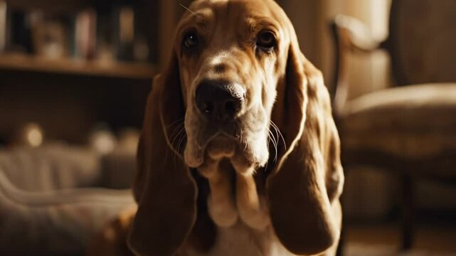 Close-up portrait of a sad-looking basset hound dog staring at the camera indoors, contemplating life