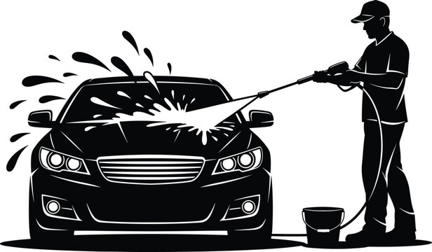 Worker washing a car with high pressure water jet silhouette isolated on white background for auto detailing service and maintenance