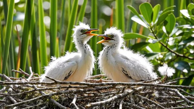 Two fluffy white baby egrets squawk at each other while in their nest, surrounded by vegetation