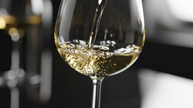 Close-up shot of pouring chilled white wine into elegant transparent stemware against dark background
