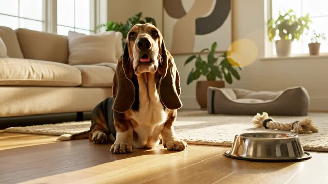 Cute basset hound dog sitting patiently waiting for food in a bright cozy living room near dog bowl