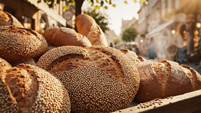Artistic close-up of fresh artisan bread loaves on a wooden cart in a charming European village setting