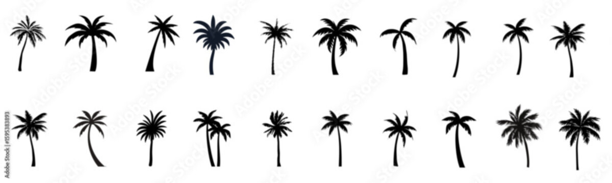 Collection of twenty palm trees in various silhouettes and orientations on a plain background, vector illustration