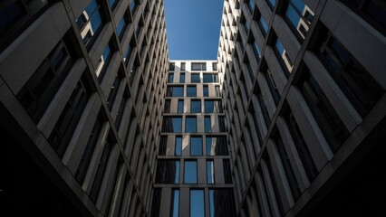 Fototapeta premium A modern skyscraper with sleek windows and a blue sky background