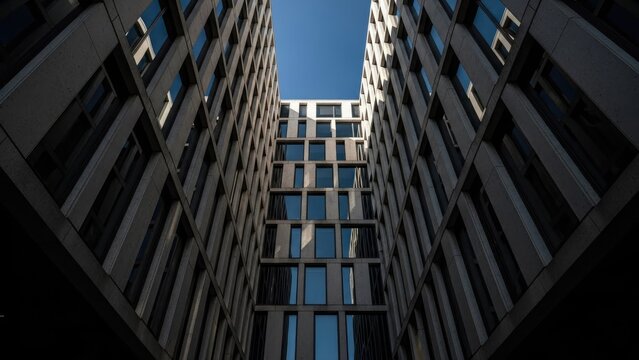 A modern skyscraper with sleek windows and a blue sky background