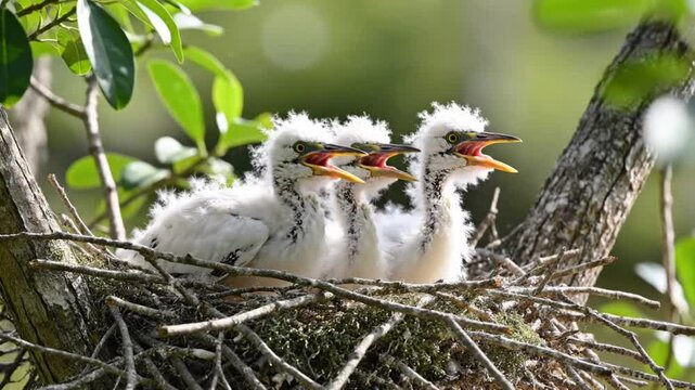 Three fluffy baby egret chicks in a nest with open beaks waiting to be fed in a tree on a sunny day