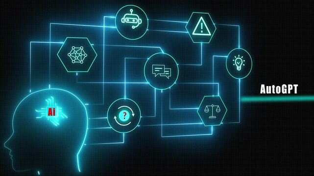 Futuristic AutoGPT animation showing autonomous artificial intelligence agents managing multi-step tasks and complex self-directed workflows for advanced automation.

