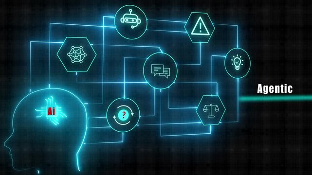 Advanced agentic AI animation showing autonomous agents managing complex multi-step workflows and intelligent decision making for automated business operations.
