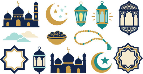 Islamic cultural symbols and elements illustration including mosques, crescent moons, and decorative lanterns in a graphic design