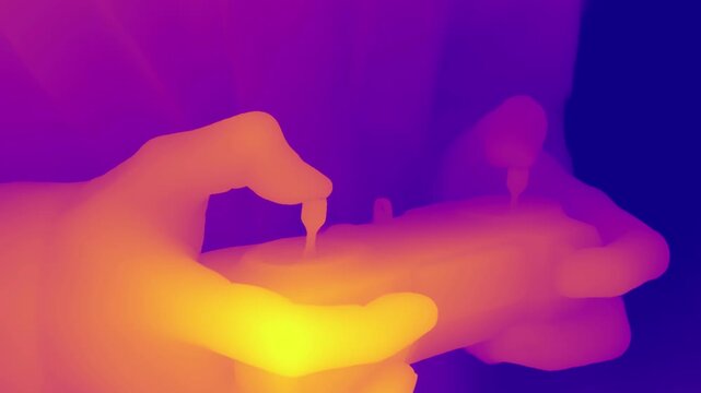 Thermal-style image showing hands manipulating a remote control device, likely for drone operation, in vibrant color gradients indicating depth or heat mapping.