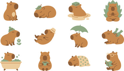 Fototapeta premium Collection of capybara illustrations relaxing in various leisure activities and environments, showcasing serene moments in a flat design style