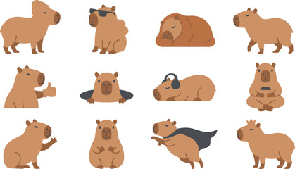 Fototapeta premium Collection of capybara illustrations showcasing various poses and actions in a clean white environment from a straightforward viewpoint in new1.eps