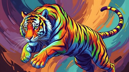 Obraz premium A vibrant, colorful tiger with rainbow stripes leaping against an abstract, swirling background in a dynamic, artistic style.