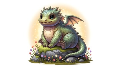 Obraz premium A very cute, chubby, green baby dragon with small wings sitting on a mossy rock surrounded by tiny colorful flowers, with a soft glowing background.