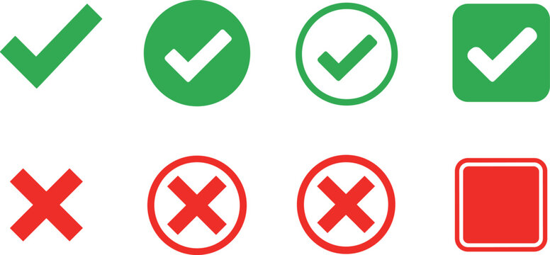 Green Checkmark and Red Cross Vector Icon Set with Circular and Square Tick Marks and X Symbols for Feedback Evaluation Professional Web UI Design