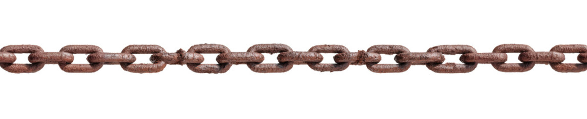 A close-up of a rusty metal chain with textured links, conveying strength and durability