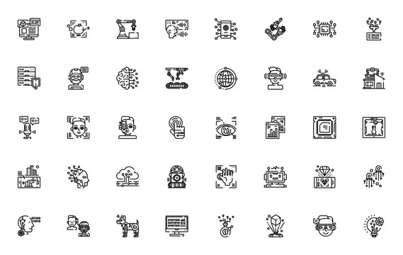 Artificial intelligence icon set. Vector illustration pack featuring projection, analysis, robotic arm, AI, VR, robotics, biometrics, cloud computing, and more. Editable stroke.