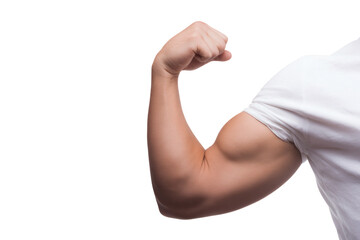Man proudly showing off flexed arm muscles wearing white t-shirt