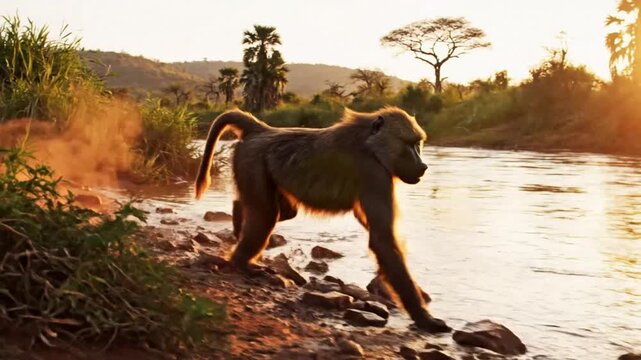Baboon walks along riverbank at sunset creating a splash in a vibrant African savanna landscape scene