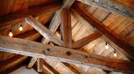 Rustic wooden beam structure supports an angled ceiling with exposed light bulbs.