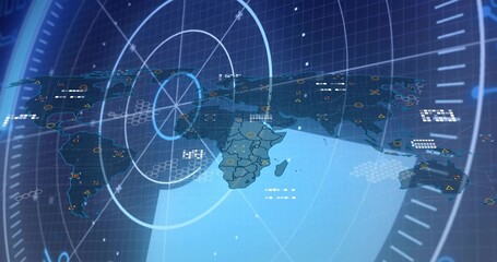 Displaying flattened holo world map on command display, showing radar rings, HUD markers, data © vectorfusionart