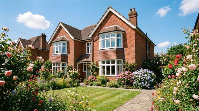 Traditional Red Brick Detached House with Lush Blooming Summer Garden