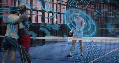 Hugging adult tennis players in sportswear at net on blue hard court with rackets, AR overlay © vectorfusionart