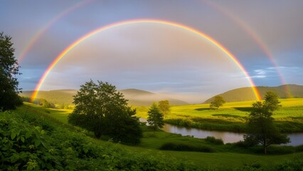 Fototapeta premium A breathtaking double rainbow arches over a serene green landscape with rolling hills, a winding river, and scattered trees under a bright sky.
