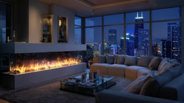 Living room with a designer sofa and a glass coffee table. The built-in fireplace adds warmth. Large windows reveal a stunning city skyline lit up at night