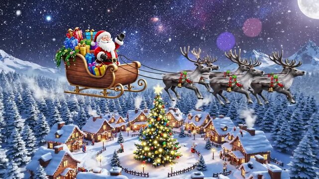 Santa Claus in his sleigh flying over a snow-covered village on Christmas Eve against a starry night sky.