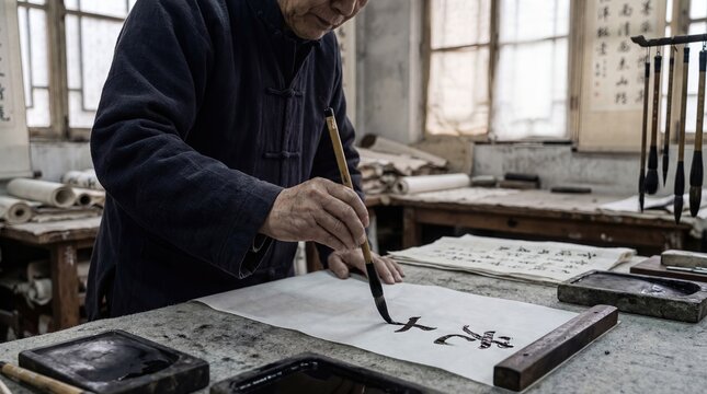 Senior Asian Man Writing Traditional Calligraphy With Brush And Ink In Studio