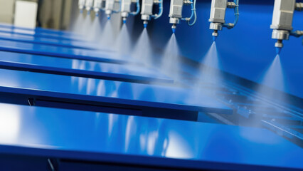 Fototapeta premium Automated industrial spray painting system coating blue metal panels in manufacturing plant, precision nozzles applying protective finish for mass production line