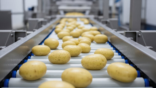 Fresh clean potatoes moving along automated conveyor rollers in modern food processing facility, showcasing industrial agricultural production and quality control in factory environment