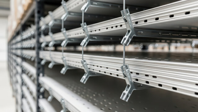 Industrial metal shelving system with adjustable steel brackets in empty warehouse storage aisle, focus on perforated beams and rails for flexible commercial racking solutions