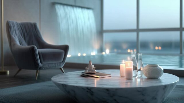 In the living room, a large velvet chair sits beside a marble coffee table. Scented candles light up the table while a water fountain flows softly in the background during evening hours