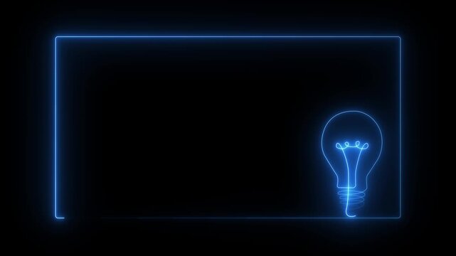 Glowing neon light bulb icon inside a rectangular frame with smooth animation on black background. Concept of idea, innovation, creativity, inspiration, solution, startup thinking, technology concept