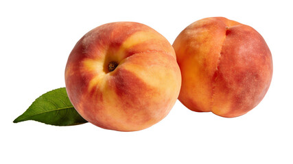 Two ripe peaches with a green leaf, showcasing their vibrant red-orange hue and smooth texture. Perfectly ripe fruits, ideal for fresh consumption or culinary use.