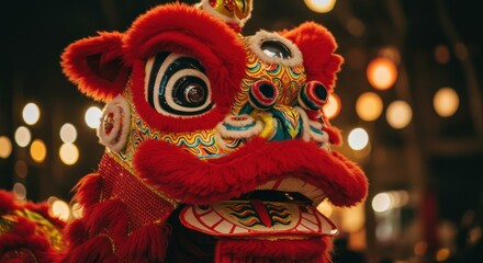Obraz premium Vibrant red lion dance costume with intricate details and blurred festive lights in background