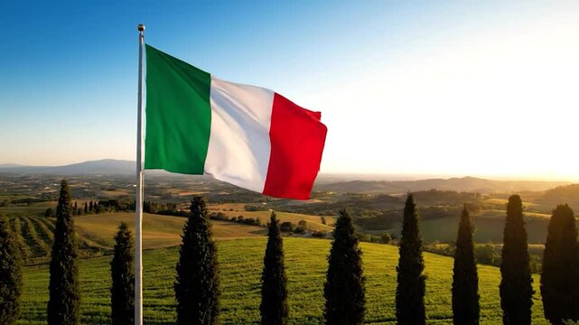 Italian Flag Waving in Tuscan Landscape at Sunset.