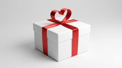 Obraz premium White gift box with red heart shape ribbon bow. Romantic present for Valentines Day, anniversary, birthday, or Mothers Day. Love concept illustration.