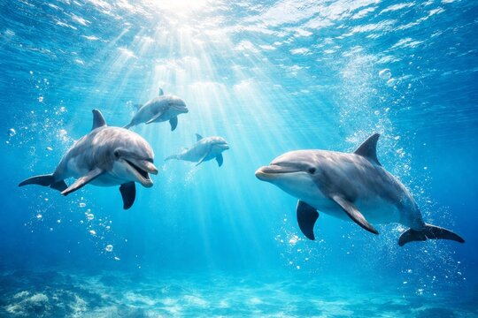 Four playful dolphins swim together in clear blue ocean water with sun rays shining through